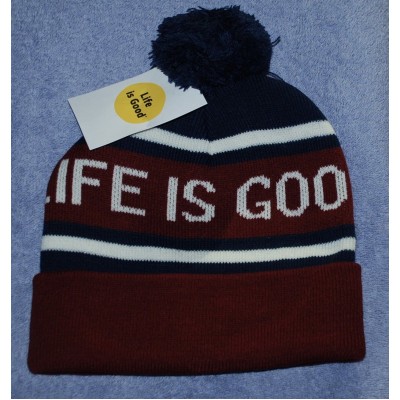 NWT 's Life is Good Cranberry Red  White  & Blue LIG Branded Pom Beanie  eb-04691631